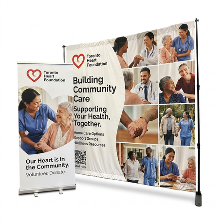 A Toronto Heart Foundation promotional banner display setup on a white background, showing a large printed backdrop and a matching roll-up sign. The printed design includes a red heart logo, the text 'Building Community Care' and 'Supporting Your Health, Together,' plus multiple care worker and community photos.