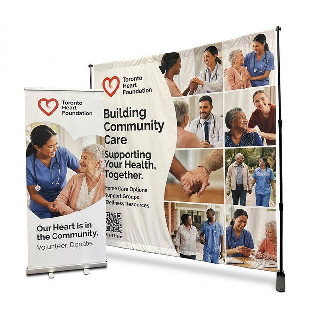 A Toronto Heart Foundation promotional banner display setup on a white background, showing a large printed backdrop and a matching roll-up sign. The printed design includes a red heart logo, the text 'Building Community Care' and 'Supporting Your Health, Together,' plus multiple care worker and community photos.